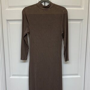 Brown Ribbed Knit Mock Neck Long Sleeve Midi Dress Size Small